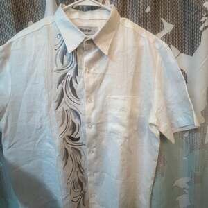 Salma Men's Cream Linen Embroidered Short Sleeve Button Down Shirt Size L